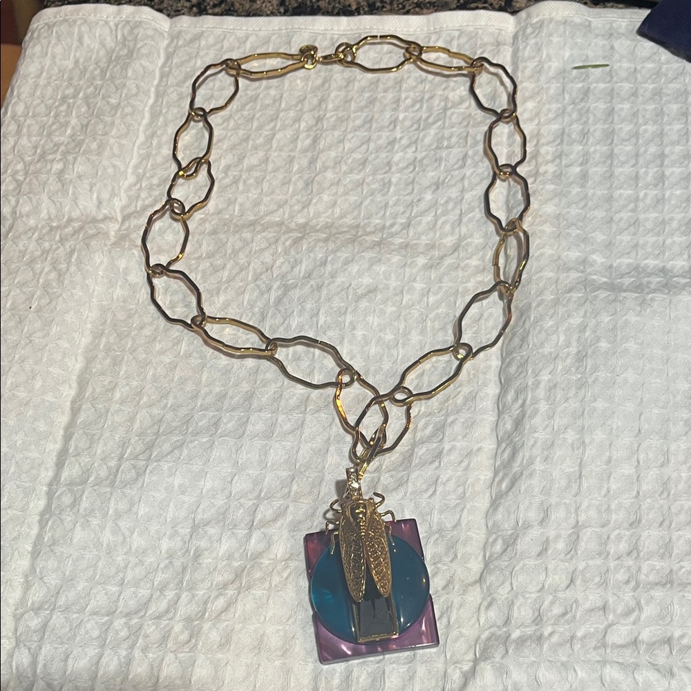 Tory Burch Gold Necklace with Blue and Purple Pendant